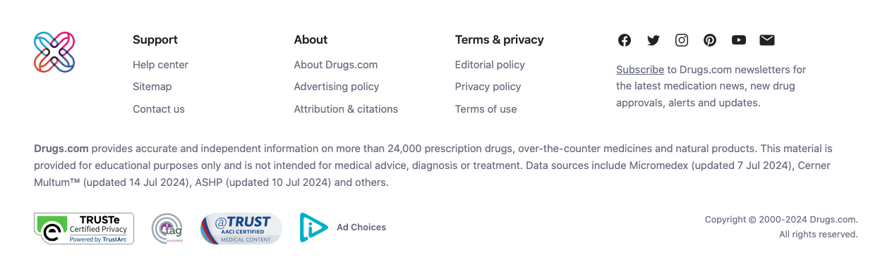 اسکرین شات از فوتر وبسایت drugs.com 