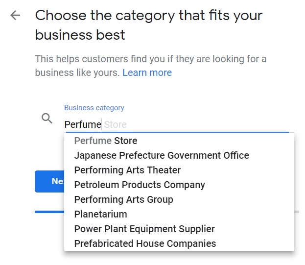 business category in GMB