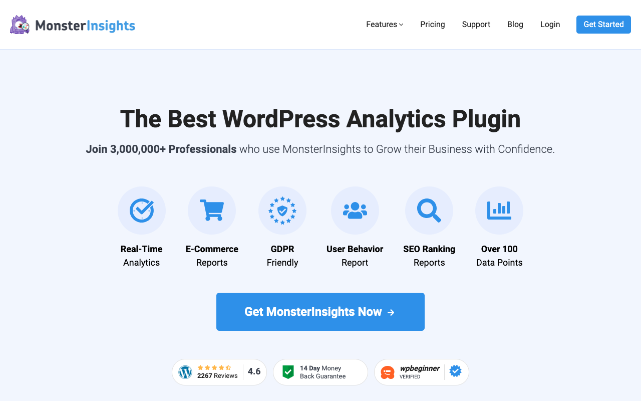 اسکرین شات از صفحه اصلی افزونه monsterinsights