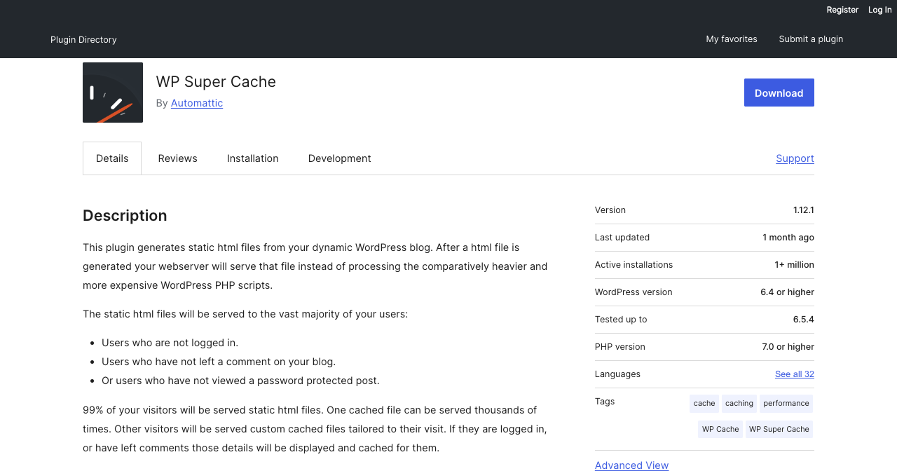 اسکرین شات از صفحه افزونه wp super cache وردپرس