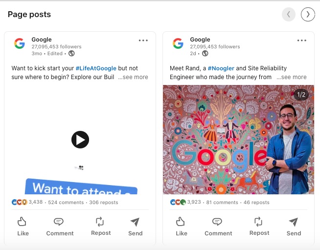 نمونه برای تجربه محتوا، اسکرین شات از linkedin of google 